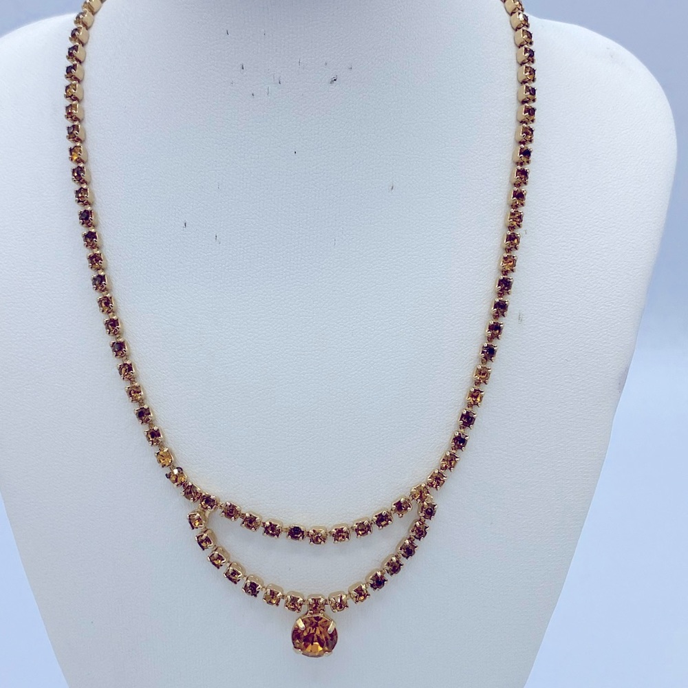 Vintage Amber Rhinestone Choker Necklace Good  Condition 14” Long